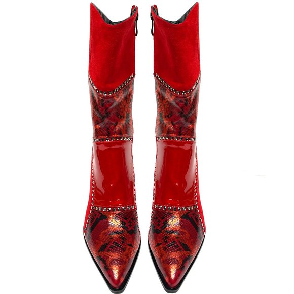 Trendy Red Fashion Fabric Leather Midcalf High Heel Boot - Picture 6 of 7